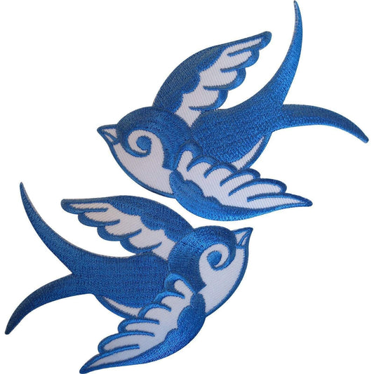 Pair Blue White Iron On Swallow Bird Patches Cloth Bag Craft Sew On Patch Badge