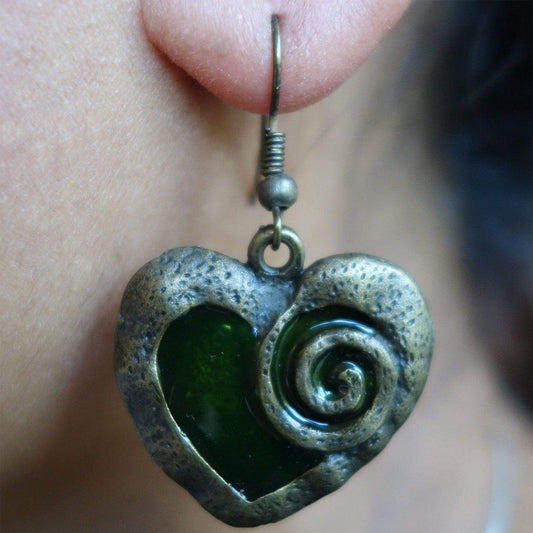 Pair Hook Dangle Drop Heart Earrings Studs Green Bronze Womens Girls Jewellery