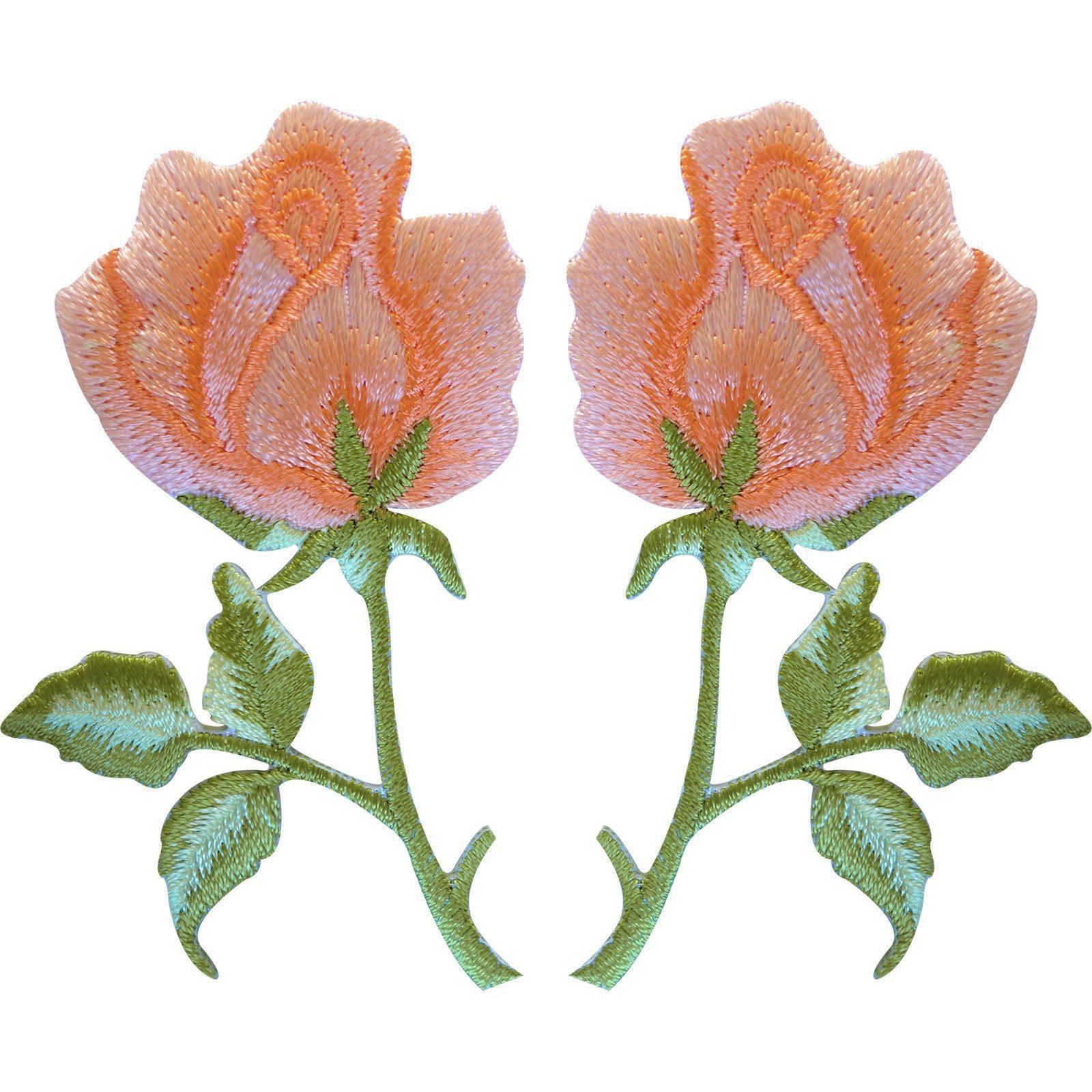 Pair of Apricot Peach Orange Roses Patches Iron Sew On Rose Flower Clothes Patch