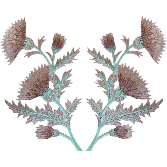 Pair of Beige Tan Brown Thistle Flower Patches Iron Sew On Clothes Flowers Patch