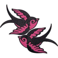 Pair of Black Pink Swallows Embroidered Iron Sew On Patches T Shirt Birds Badges