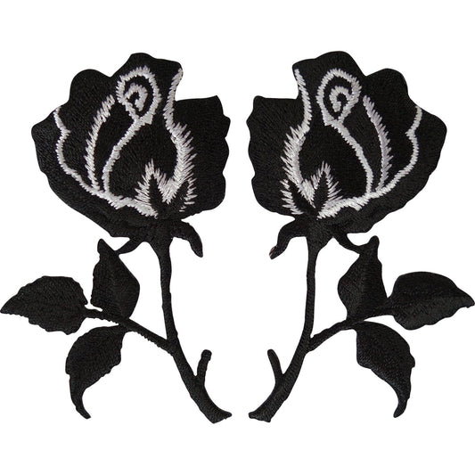 Pair of Black Rose Patches Iron Sew On Jacket T Shirt Jeans Flower Patch Badge