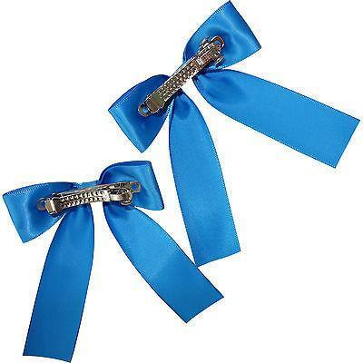 Pair of Blue Hair Bow Ribbon Clips Clamp Clasps Barrettes Girls Kids Accessories