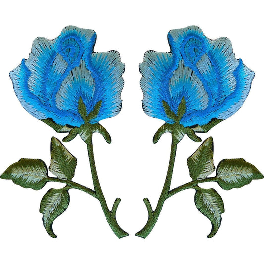Pair of Blue Rose Patches Iron On / Sew On Embroidered Patch Badge Roses Flowers