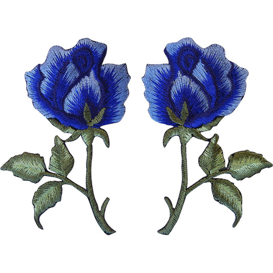 Pair of Blue Rose Patches Iron On Sew On Embroidered Patch Badge Roses Flowers