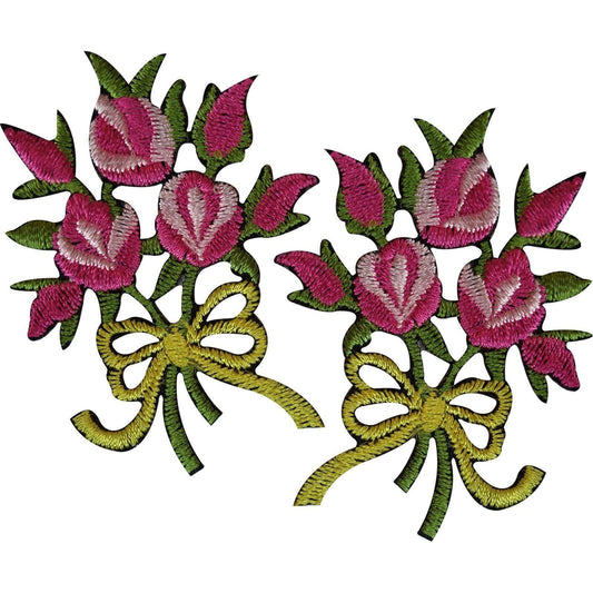 Pair of Bouquet Flowers Patches Iron Sew On Embroidered Patch Badge Pink Roses