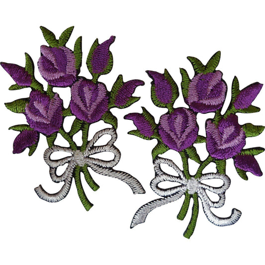 Pair of Bouquet Flowers Patches Iron Sew On Embroidered Patch Badge Purple Roses