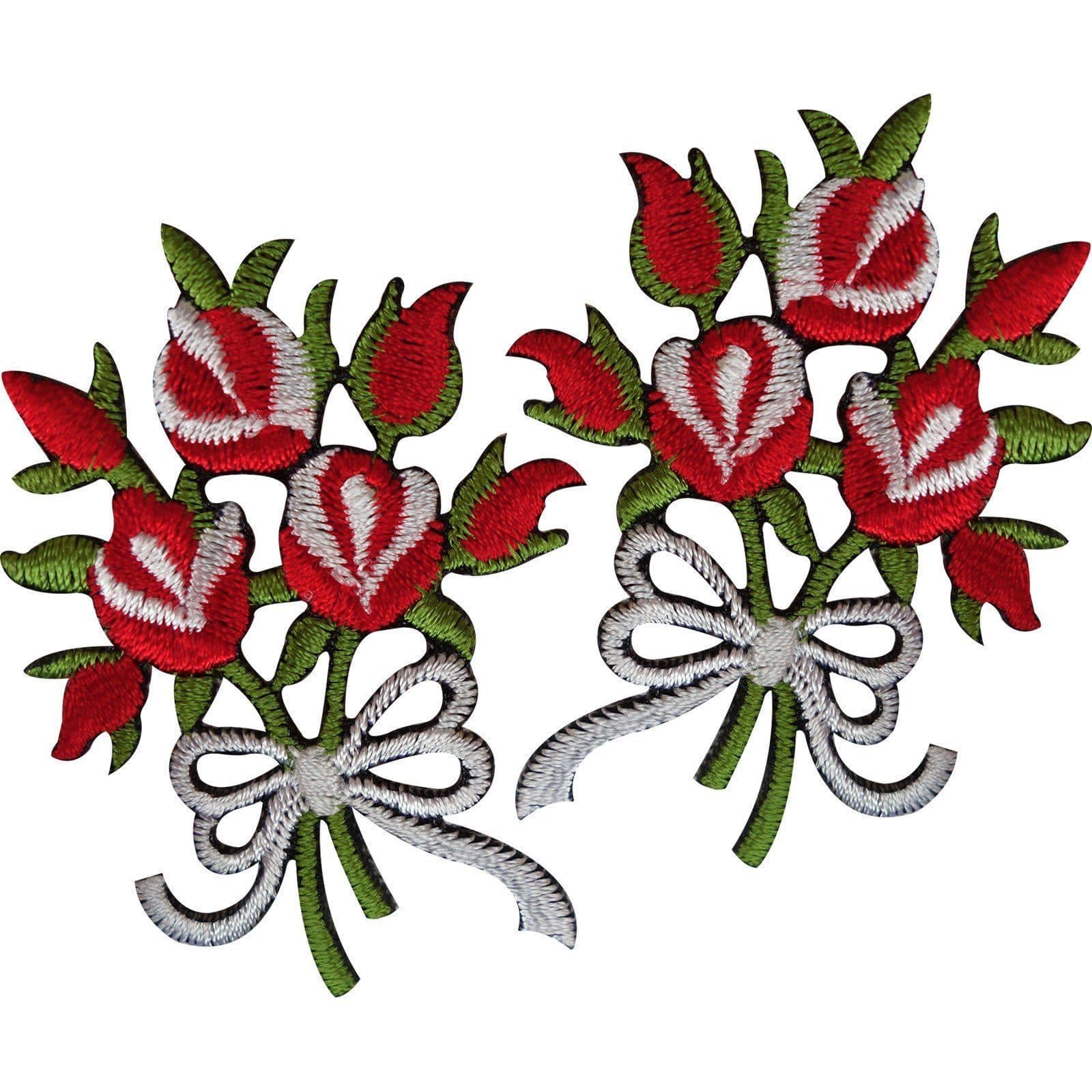 Pair of Bouquet of Flowers Patches Iron Sew On Embroidered Patch Badge Red Roses