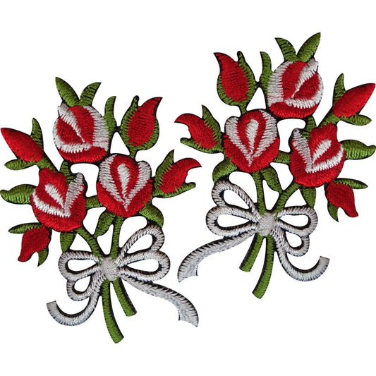 Pair of Bouquet of Flowers Patches Iron Sew On Embroidered Patch Badge Red Roses