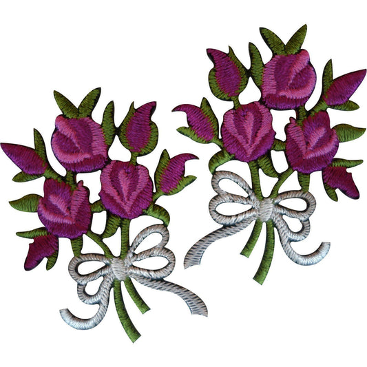 Pair of Bouquet of Flowers Patches Iron Sew On Embroidery Patch Badge Pink Roses