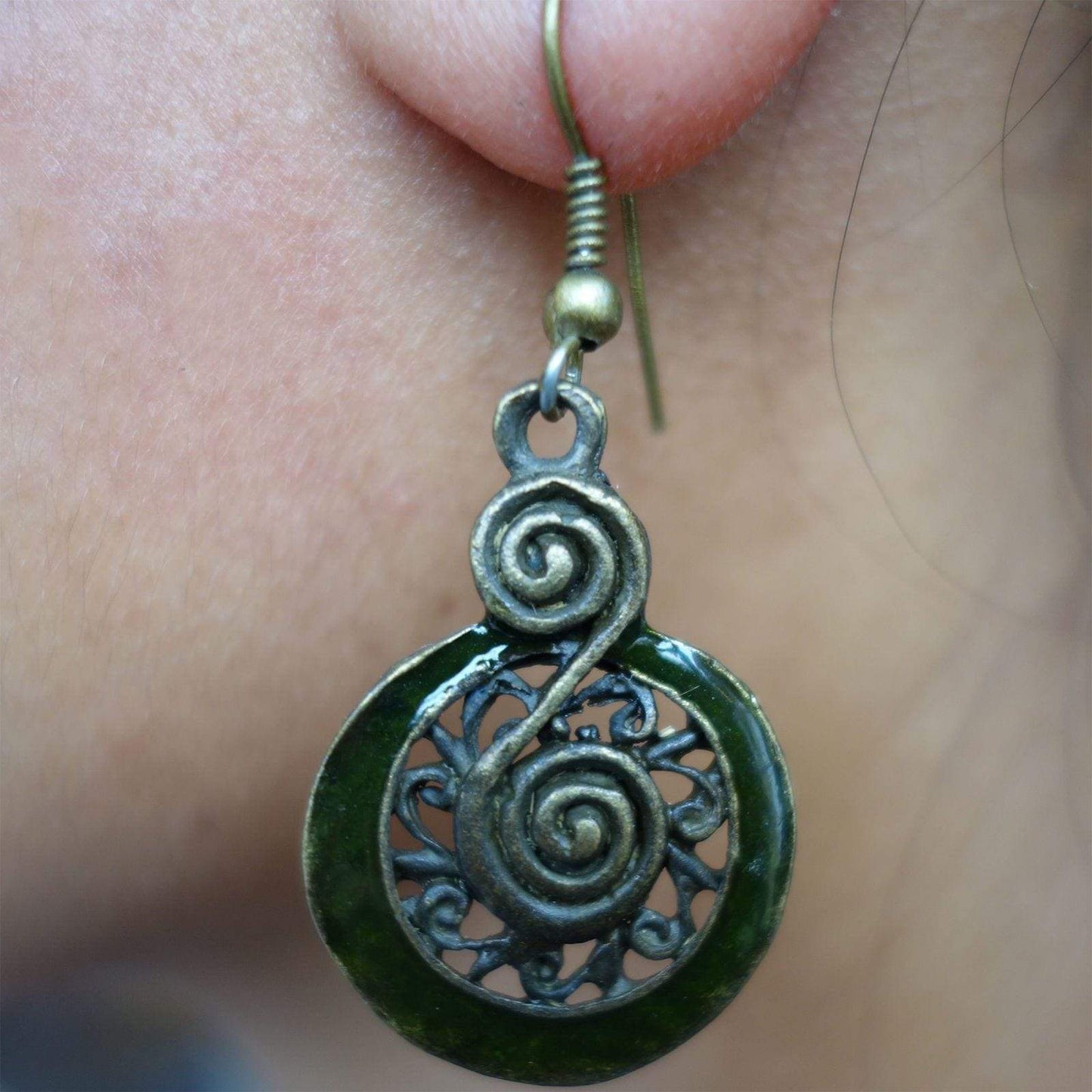 Pair of Bronze Green Earrings Studs Hook Drop Dangle Womens Girls Kids Jewellery