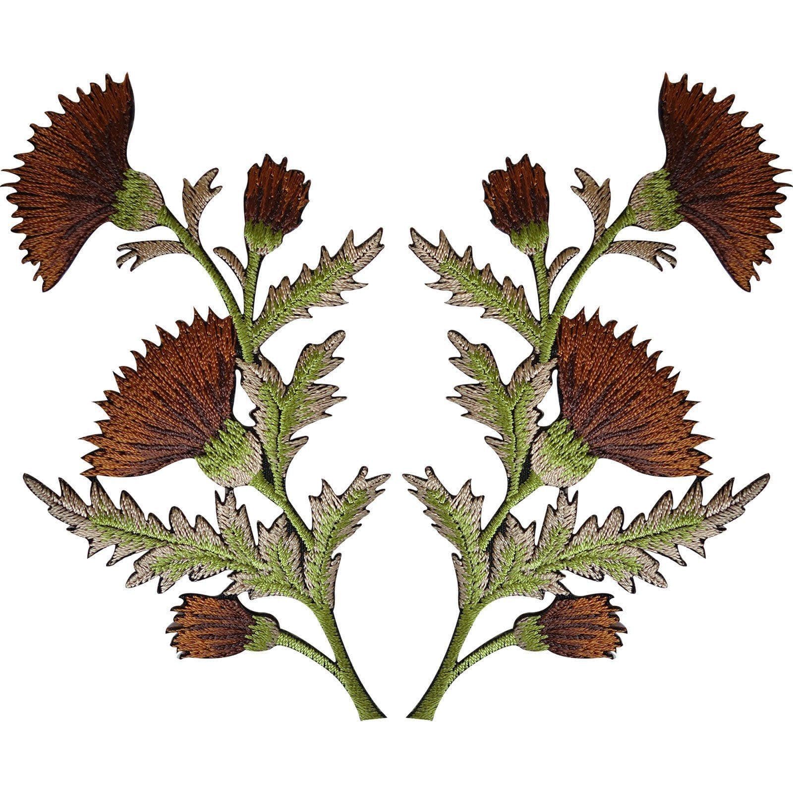 Pair of Brown Thistle Flower Patches Iron Sew On Embroidered Patch Badge Flowers