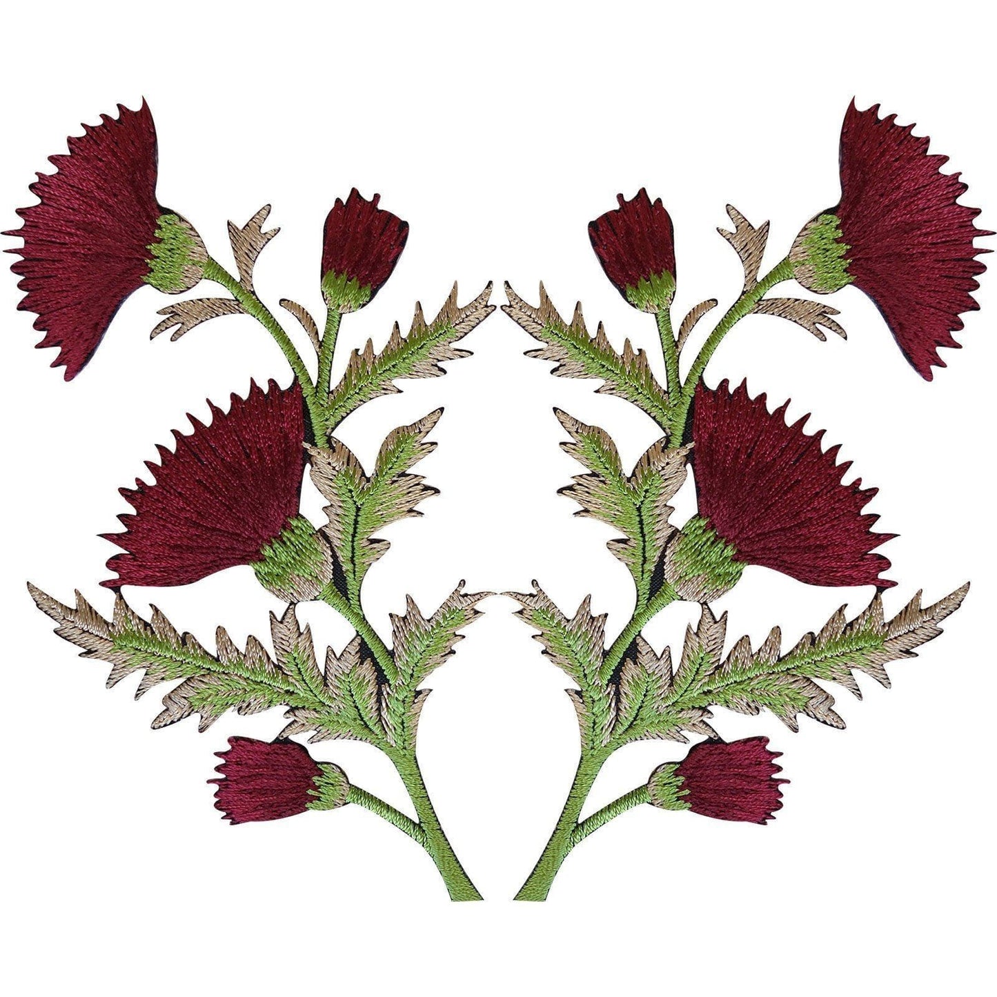 Pair of Burgundy Maroon Red Thistle Flower Patches Iron On Sew On Flowers Patch