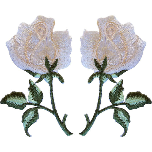 Pair of Cream Rose Patches Iron On Sew On Patch Badges Embroidered Flower Roses