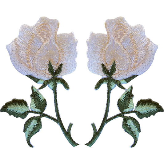 Pair of Cream Rose Patches Iron On Sew On Patch Badges Embroidered Flower Roses