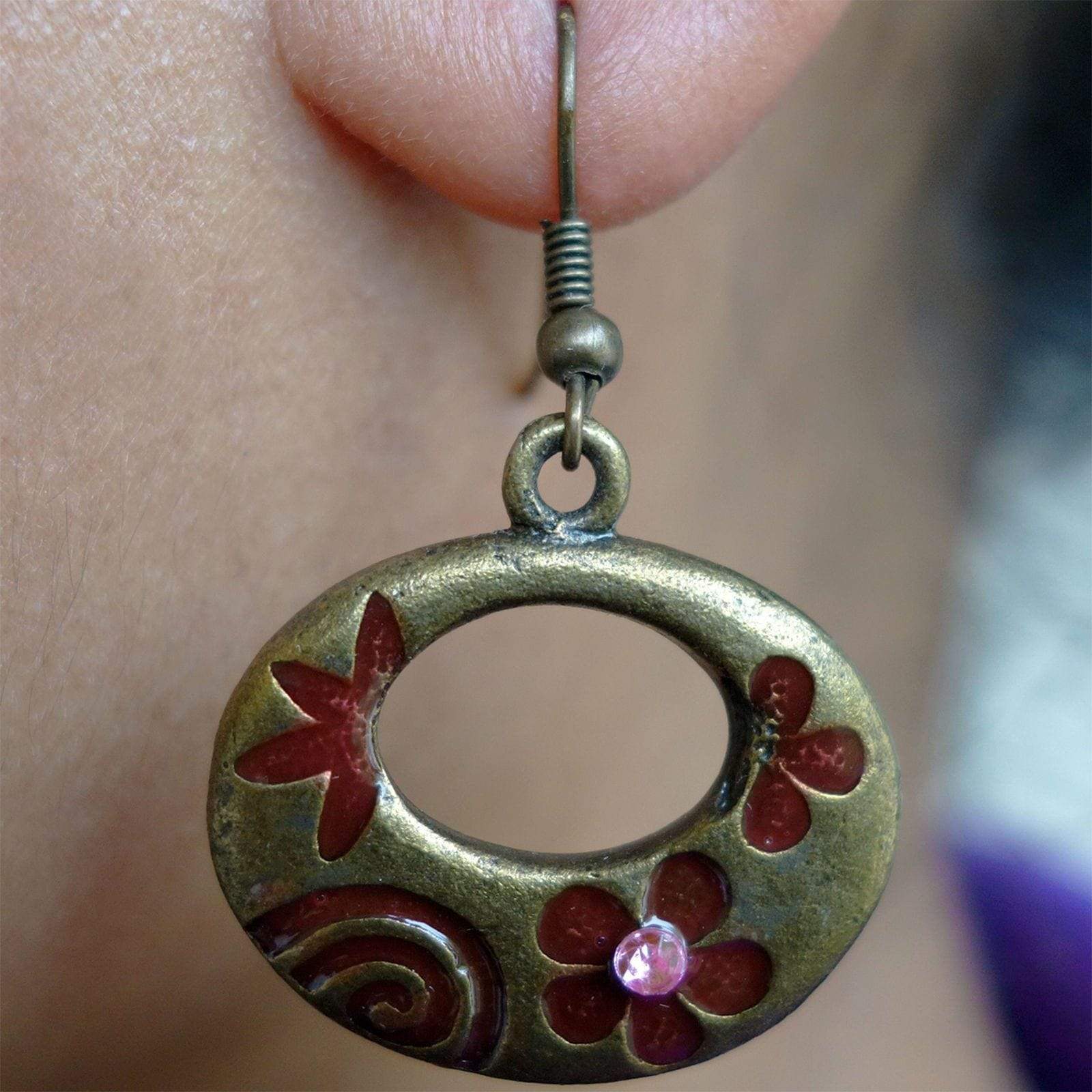 Pair of Drop Dangle Hook Earrings Studs Pink Bronze Girl Womens Flower Jewellery
