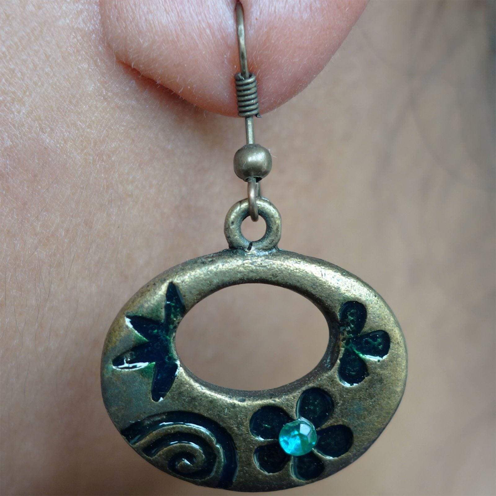 Pair of Drop Dangle Hook Earrings Studs Turquoise Bronze Womens Flower Jewellery