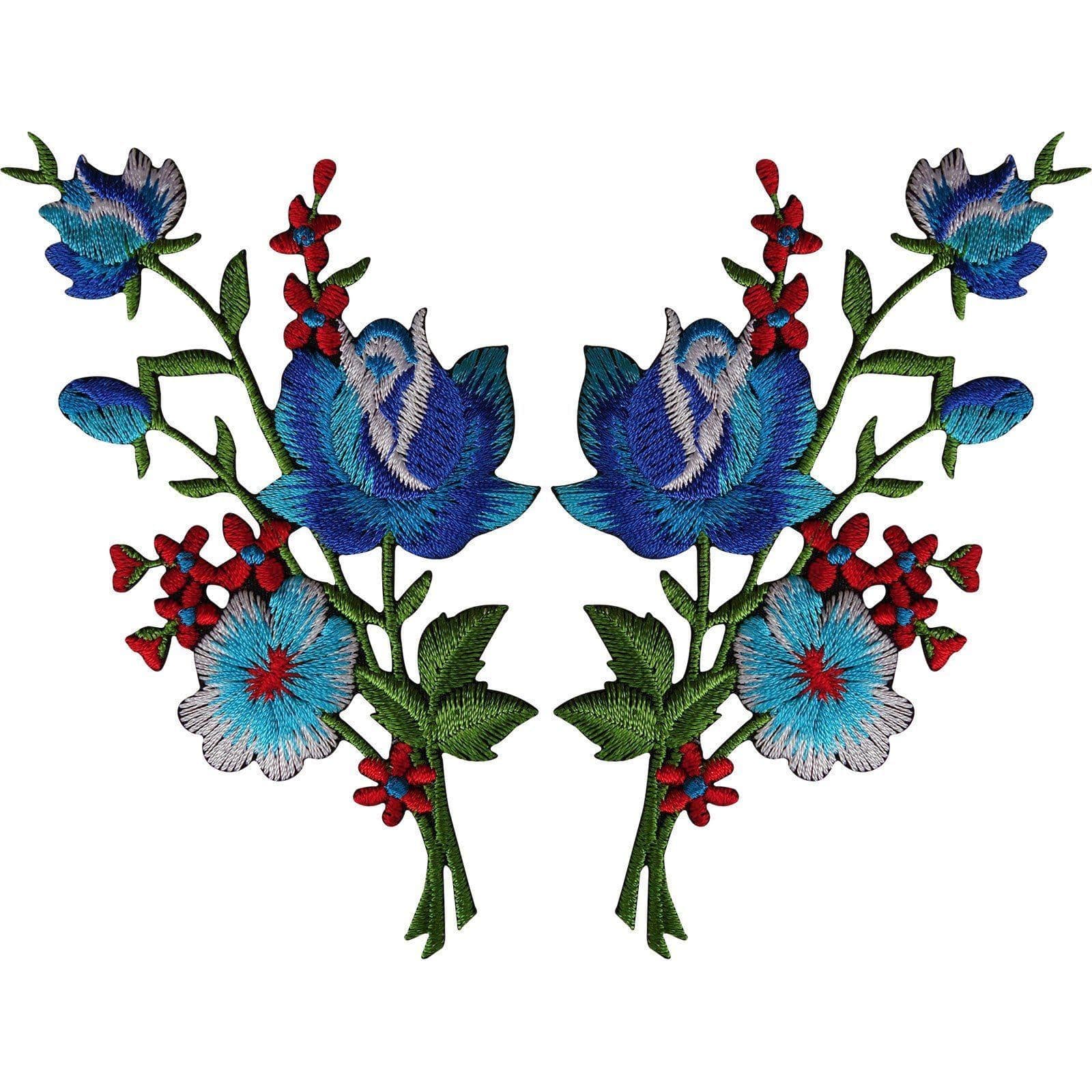 Pair of Flower Embroidered Patches Iron Sew On Floral Patch Badge Craft Applique