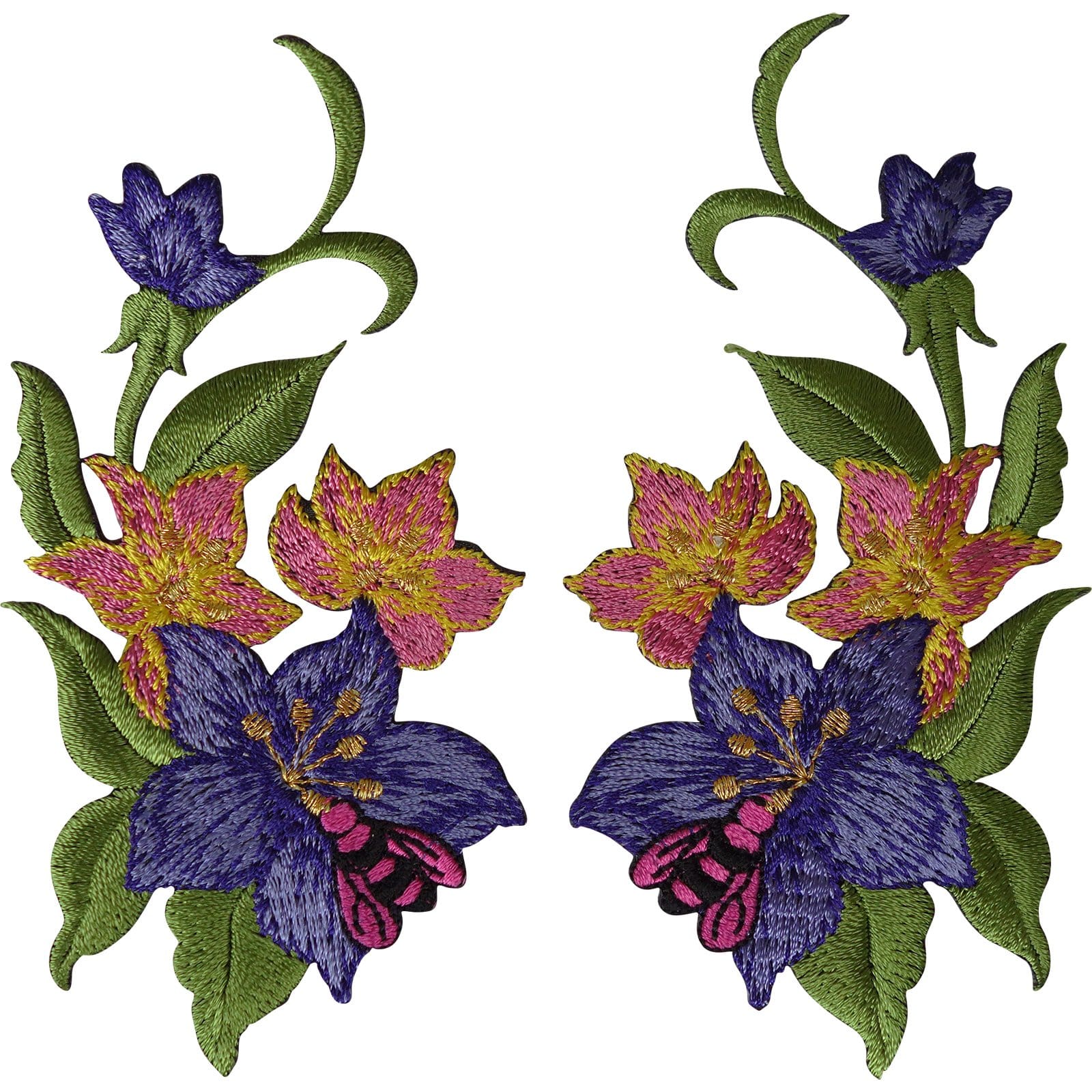 Pair of Flower Patches Iron On Sew On Floral Embroidered Patch Badge Bee Flowers