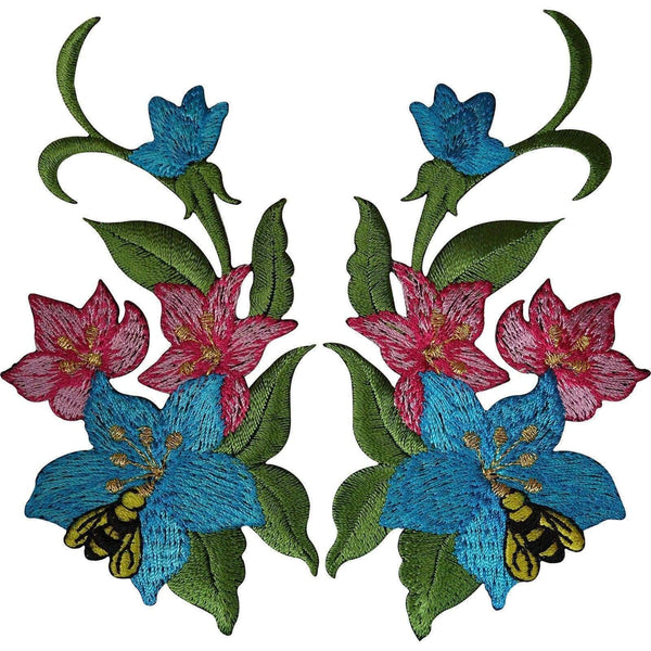 Pair of Flower Patches Iron Sew On Embroidered Patch Badge Bee Wasp Lily Flowers