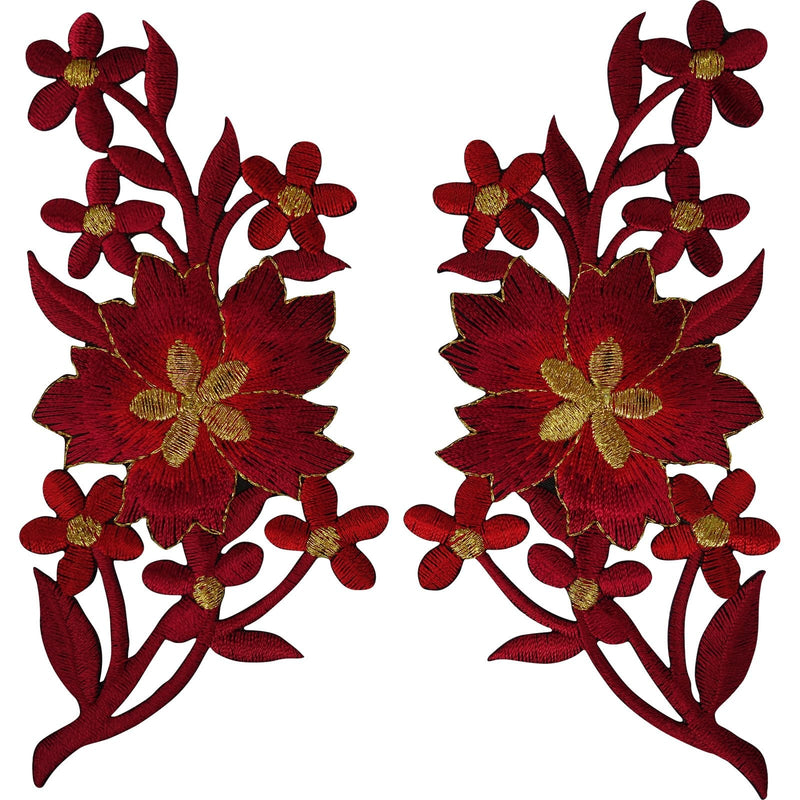 Pair of Red Blue Flower Patches Iron On Sew On Flowers Embroidered Patch  Badge