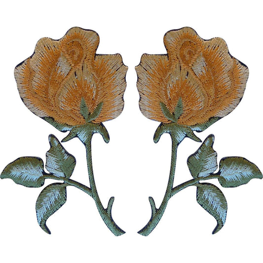 Pair of Gold Rose Patches Iron On / Sew On Patch Badge Embroidered Flowers Roses