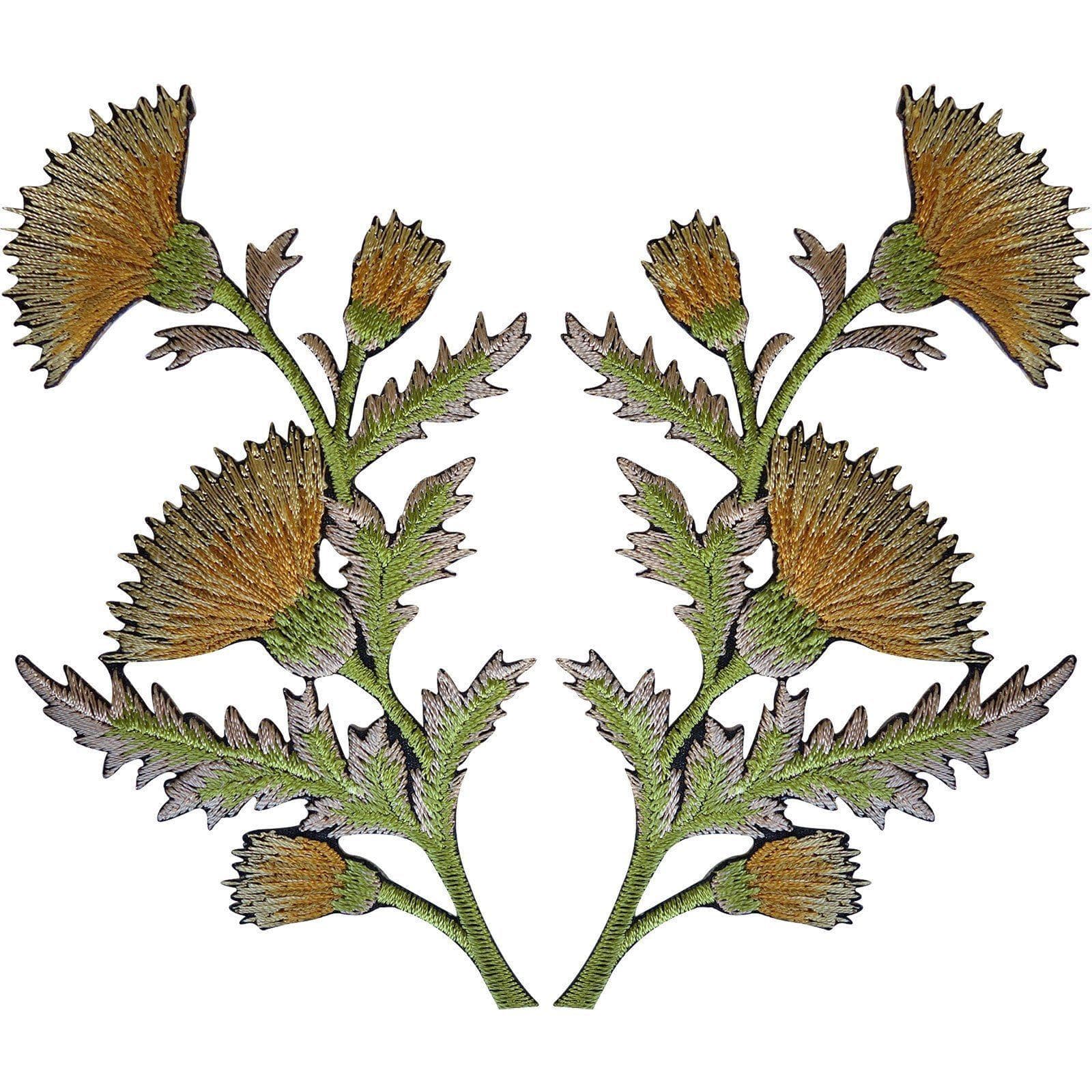 Pair of Gold Thistle Flower Patches Iron Sew On Embroidered Patch Badge Flowers