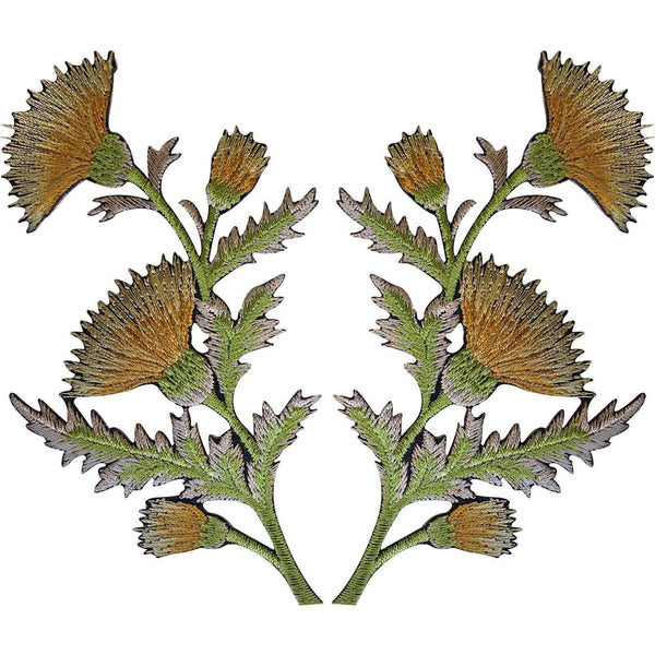 Pair of Gold Thistle Flower Patches Iron Sew On Embroidered Patch Badge Flowers