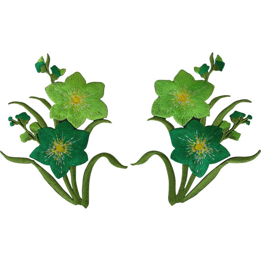 Pair of Green Flower Patches Iron Sew On Flowers Embroidered Patch Badge Motifs