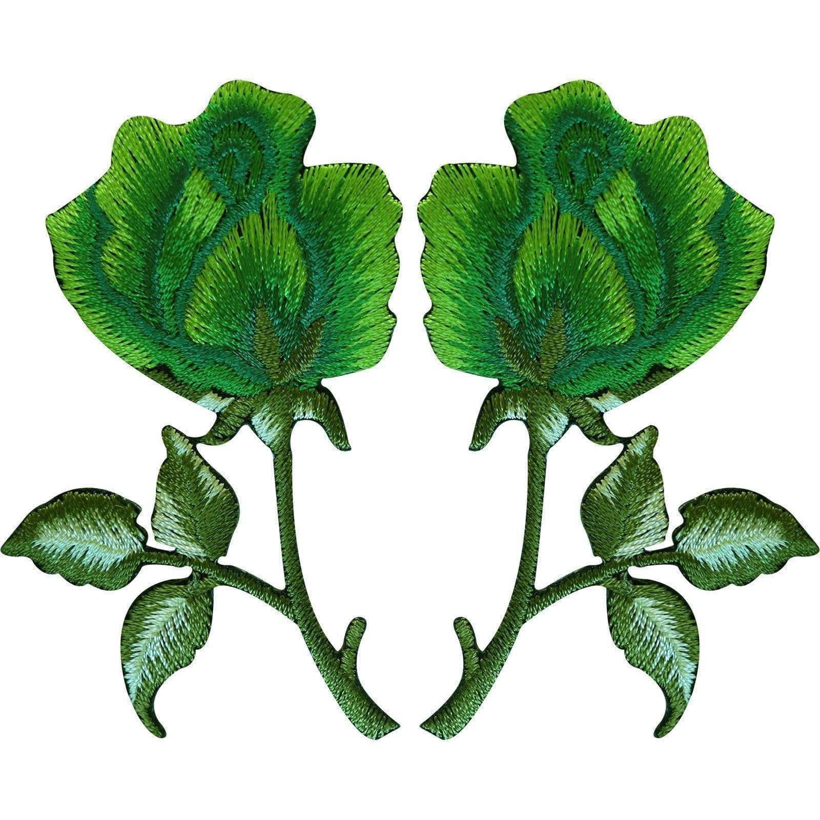 Pair of Green Rose Patches Iron On Sew On Embroidered Roses Flower Patch Badge