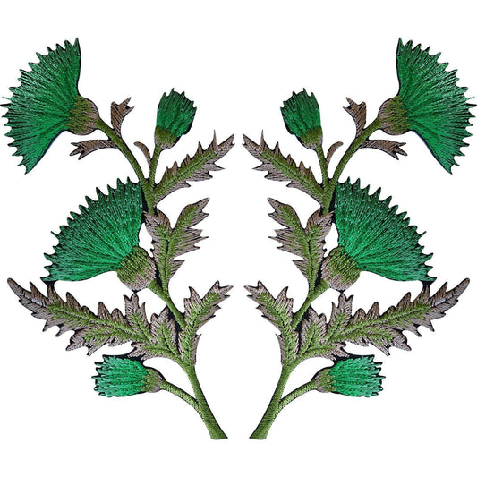 Pair of Green Thistle Flower Patches Iron Sew On Embroidered Patch Badge Flowers