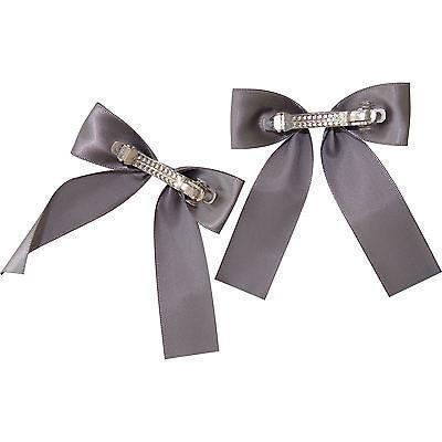 Pair of Grey Hair Bow Ribbon Clips Grips Clasps Barrettes Girls Kids Accessories