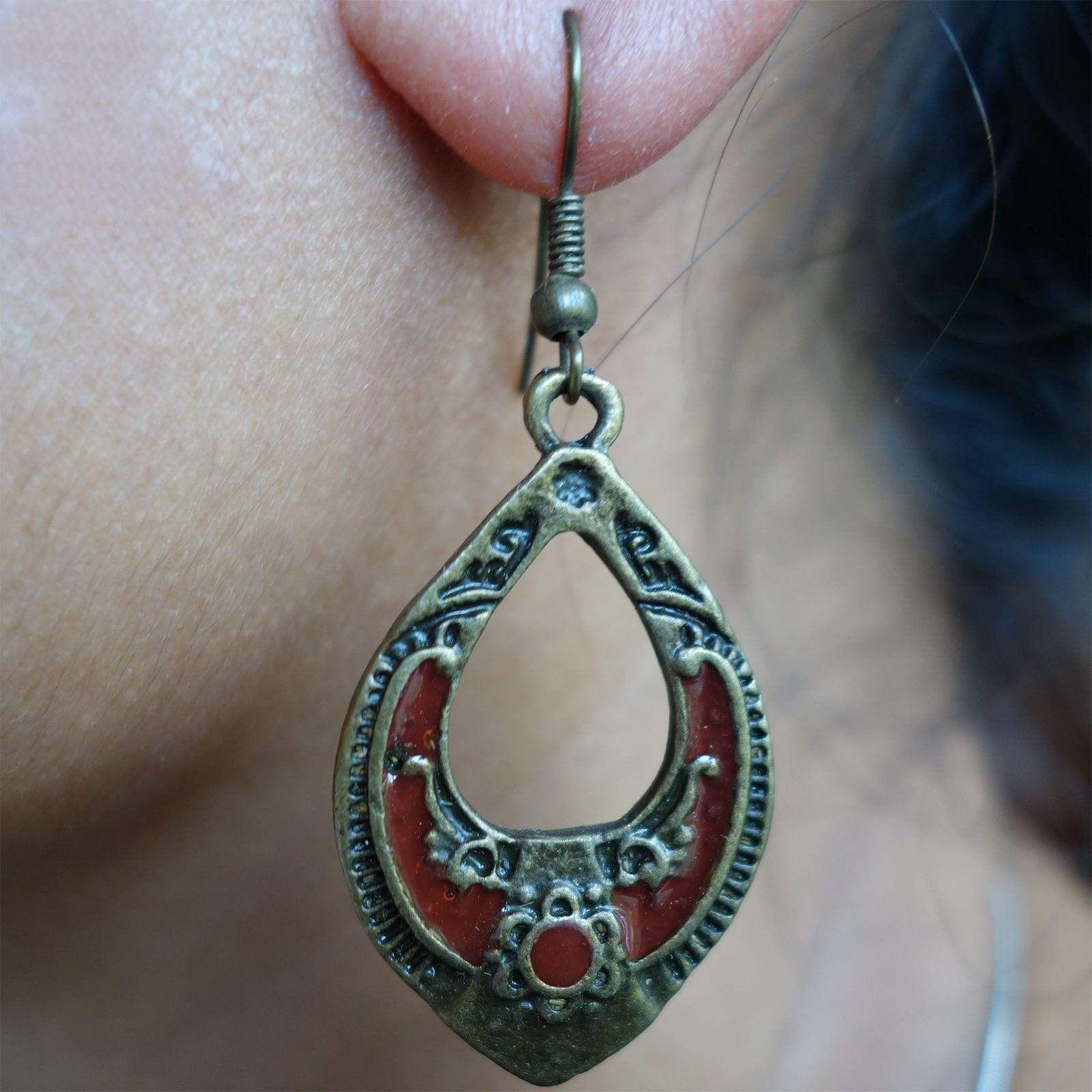 Pair of Hook Dangle Drop Earrings Studs Red Brown Bronze Womens Girls Jewellery