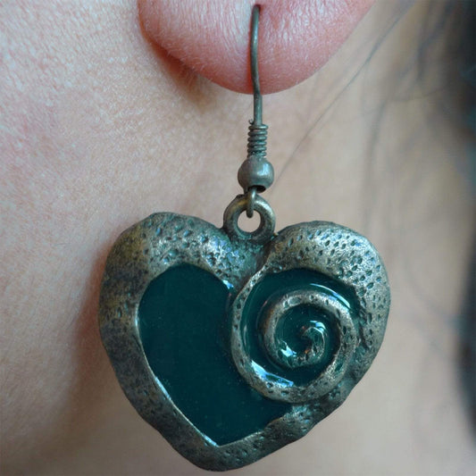 Pair of Hook Dangle Drop Heart Earrings Studs Dark Green Bronze Tribal Jewellery