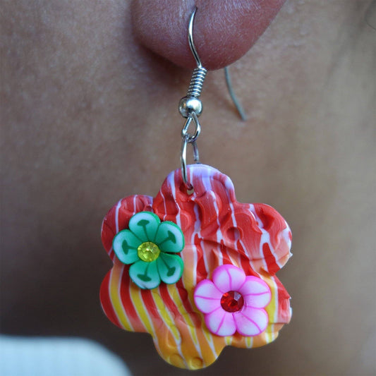 Pair of Hook Flower Stud Earrings Dangle Drop Studs Floral Costume Jewellery