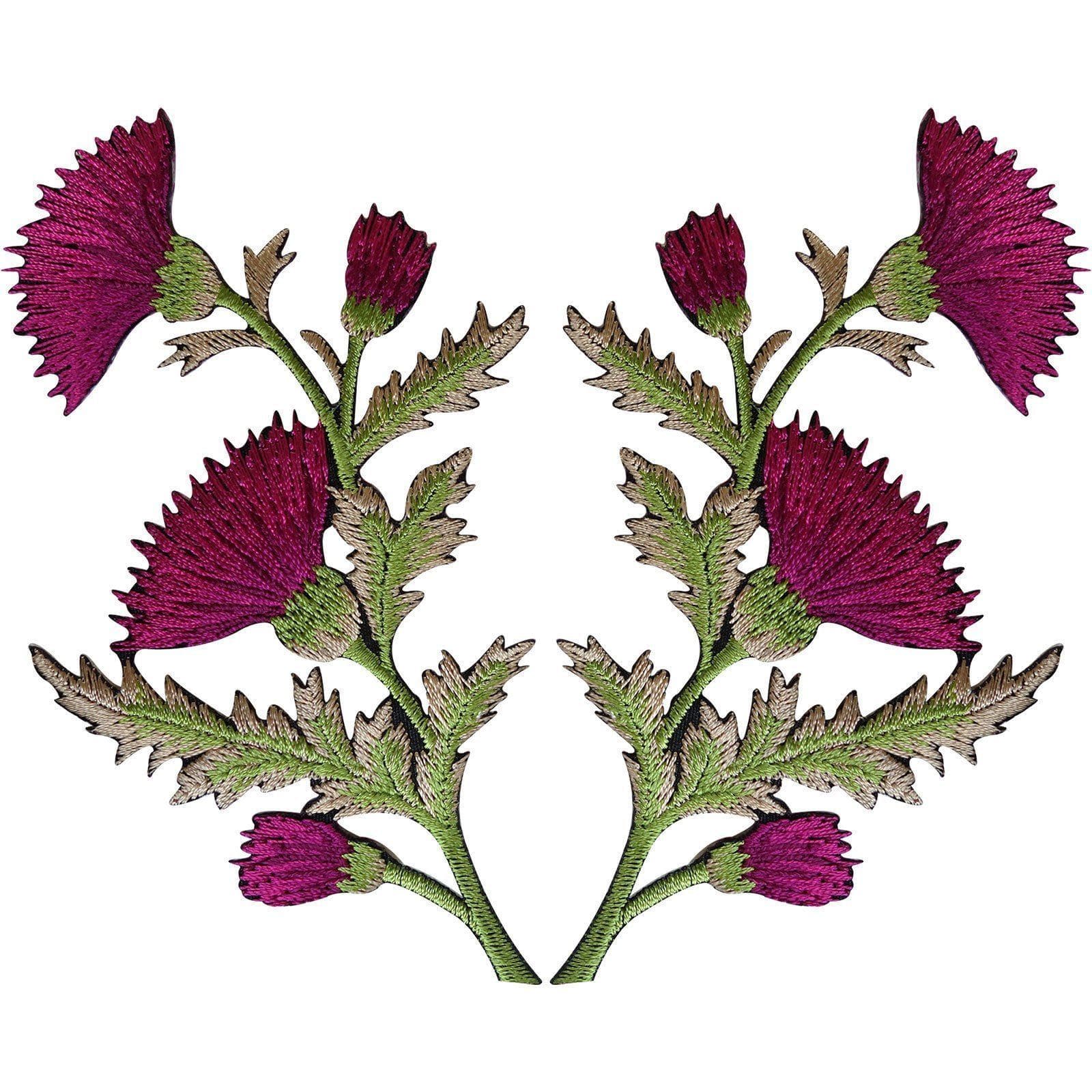 Pair of Magenta Pink Thistle Flower Patches Iron Sew On Shirt Bag Flowers Patch