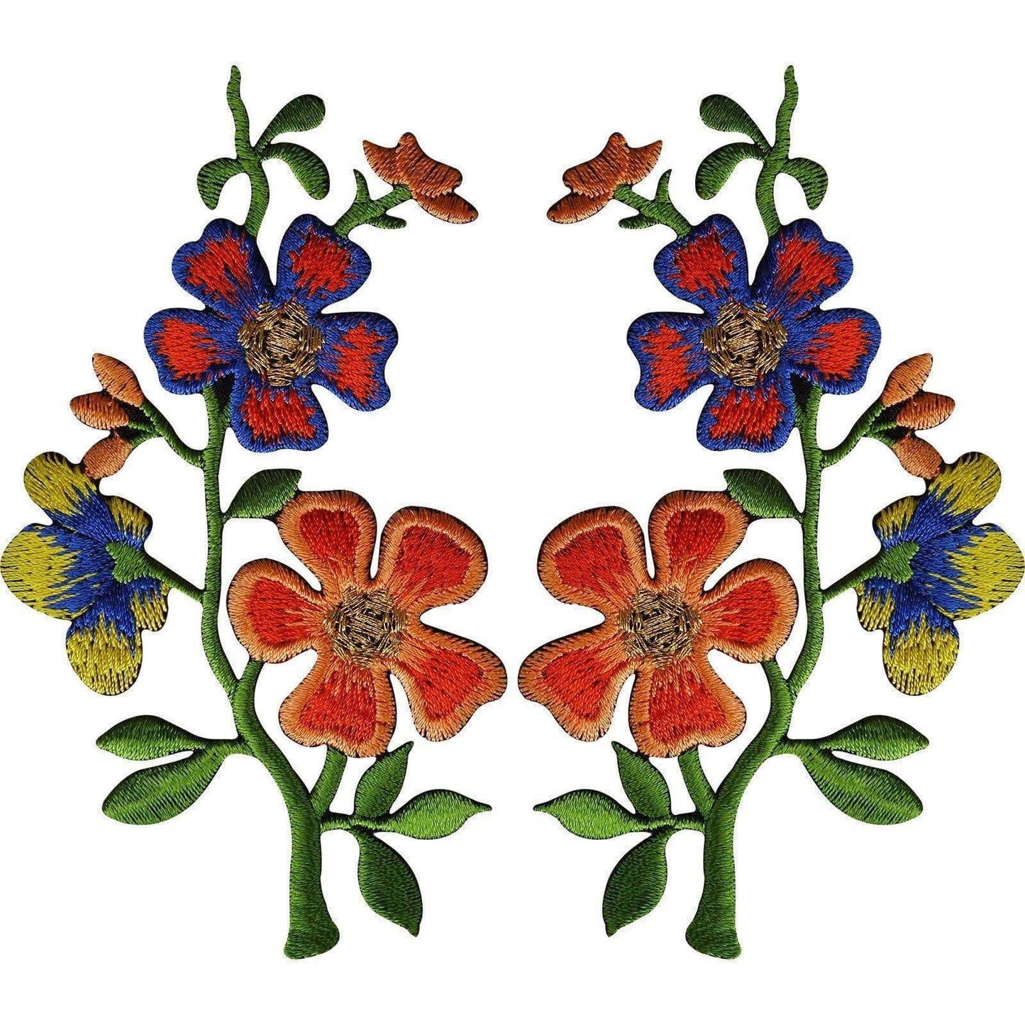 Pair of Orange Blue Flower Patches Iron Sew On Flowers Embroidered Patch Badge