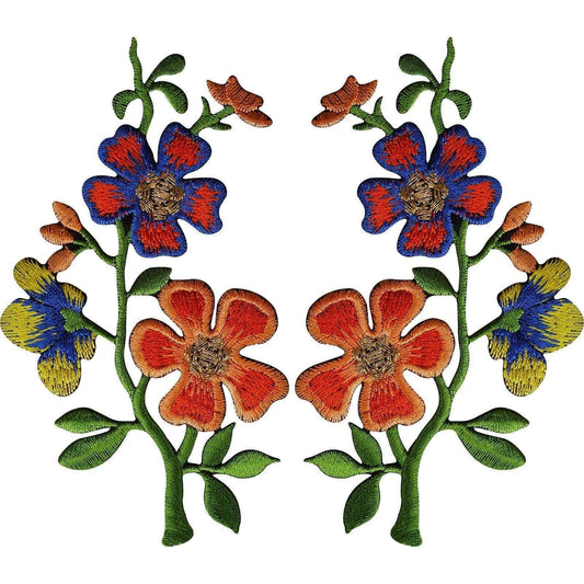 Pair of Orange Blue Flower Patches Iron Sew On Flowers Embroidered Patch Badge