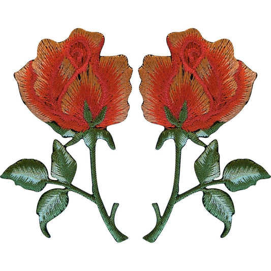 Pair of Peach Orange Roses Patches Iron On Sew On Embroidered Rose Flower Patch
