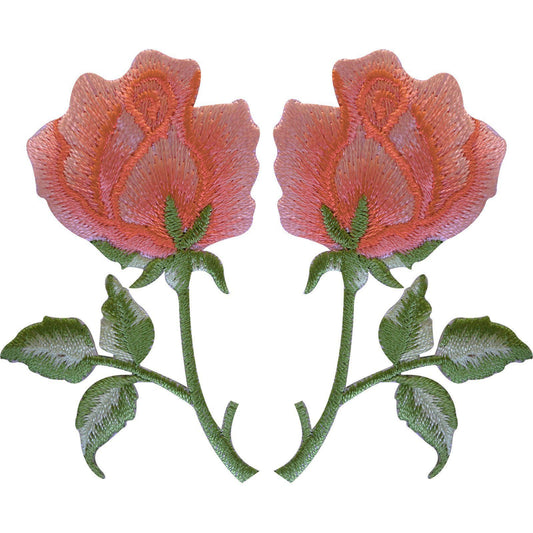 Pair of Peach Pink Rose Patches Iron Sew On Embroidered Roses Flower Patch Badge