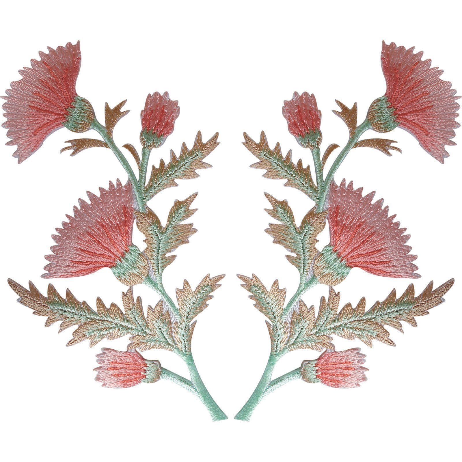 Pair of Peach Pink Thistle Flower Patches Iron Sew On Flowers Floral Patch Badge