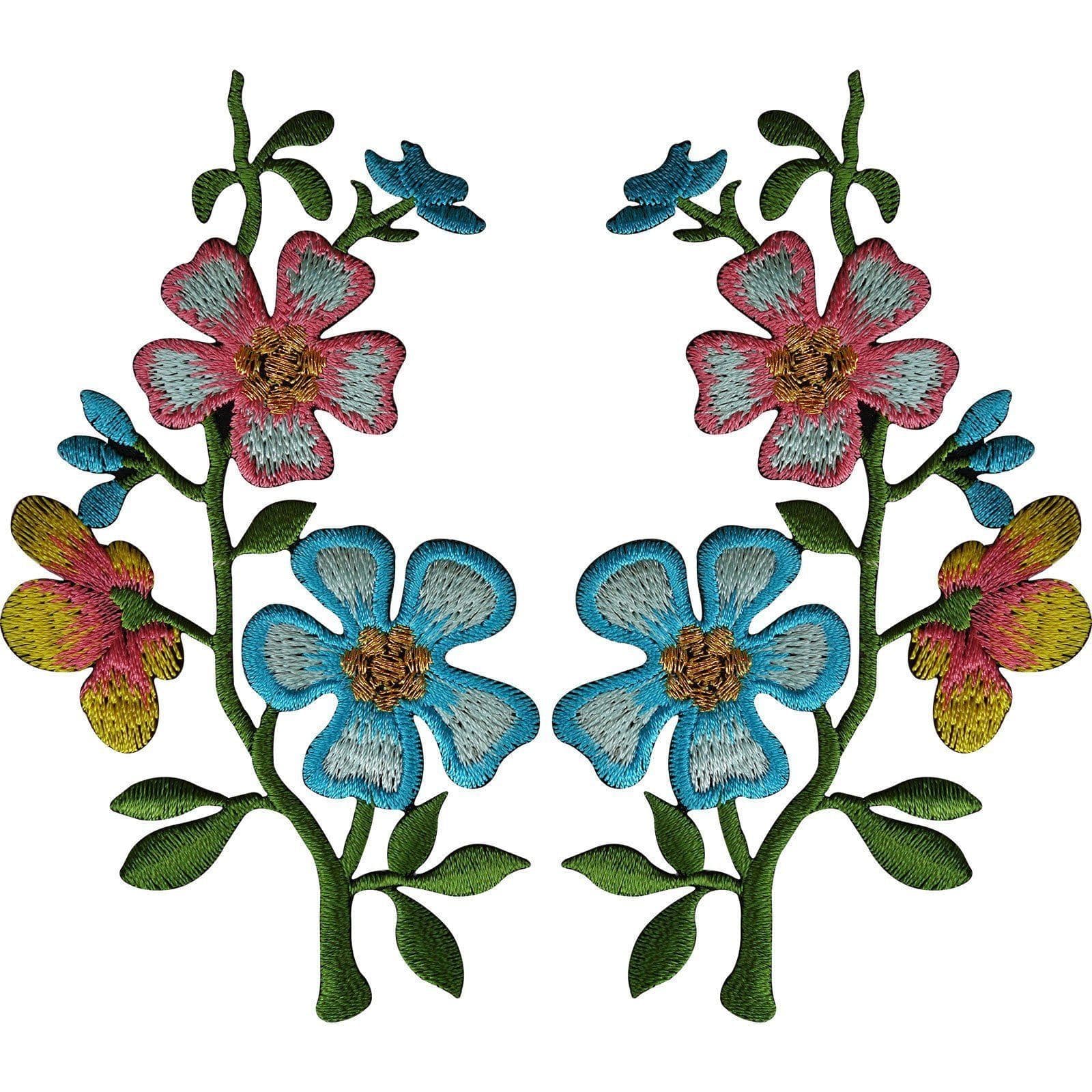 Pair of Pink Blue Flower Patches Iron On Sew On Embroidery Patch Badge Appliques