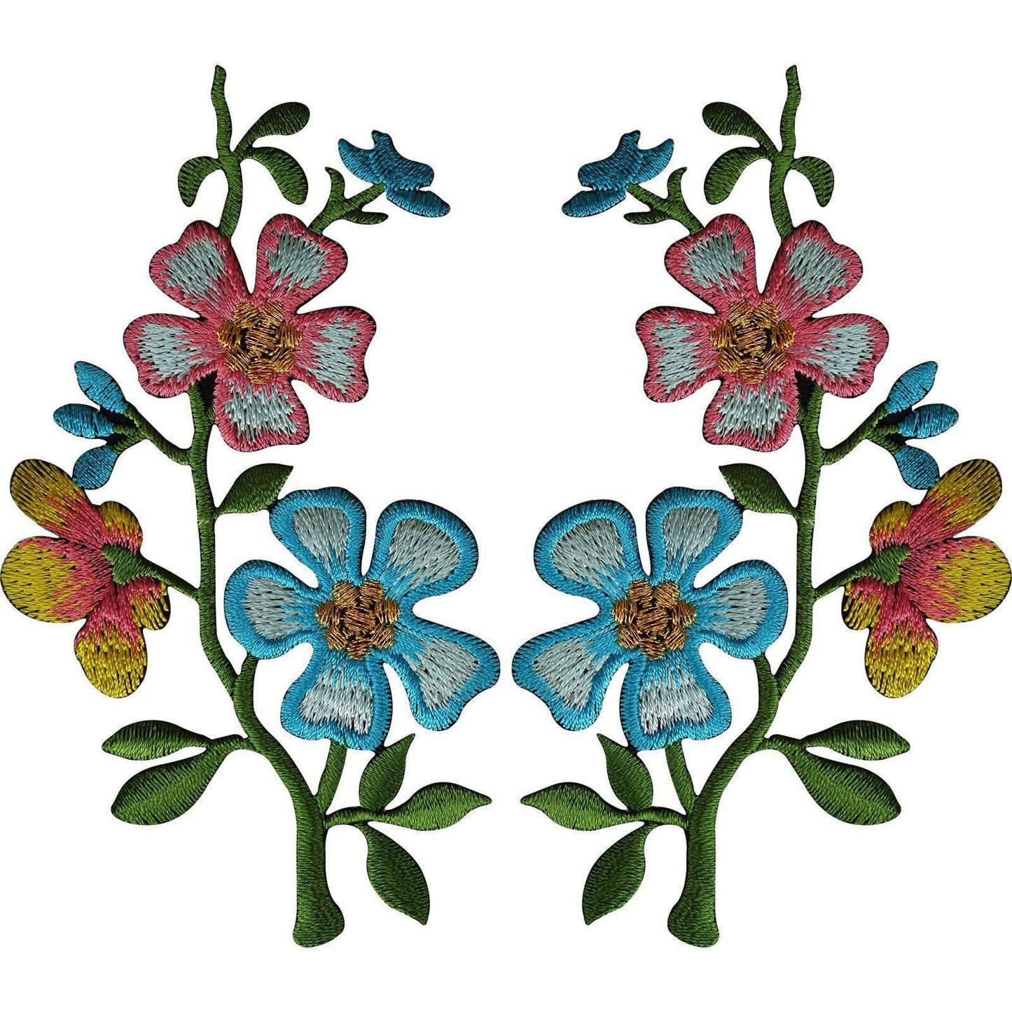 Pair of Pink Blue Flower Patches Iron On Sew On Embroidery Patch Badge Appliques