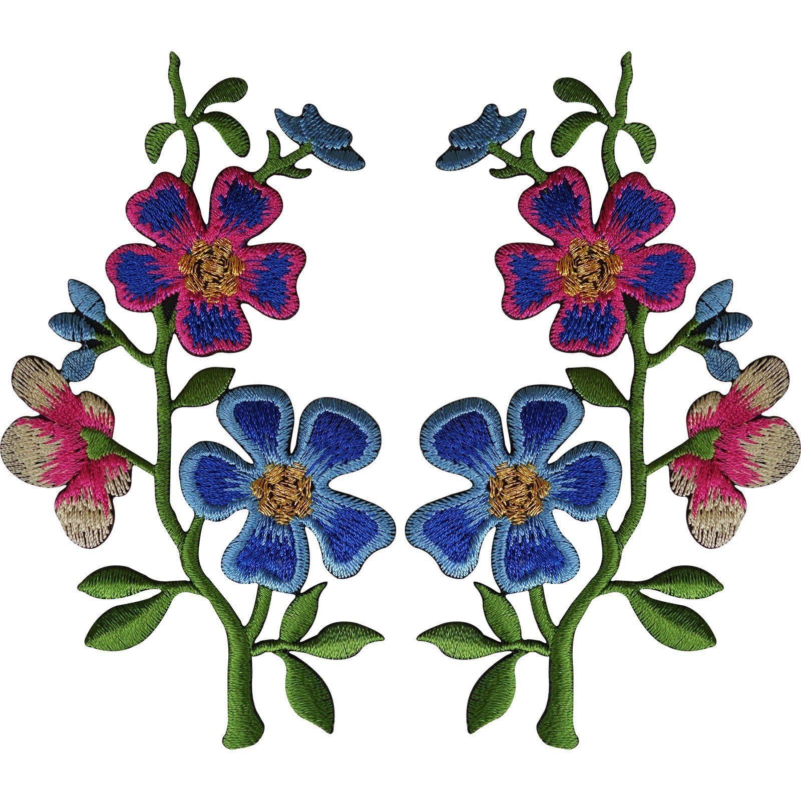 Pair of Pink Blue Flower Patches Iron On Sew On Flowers Embroidered Patch Badge