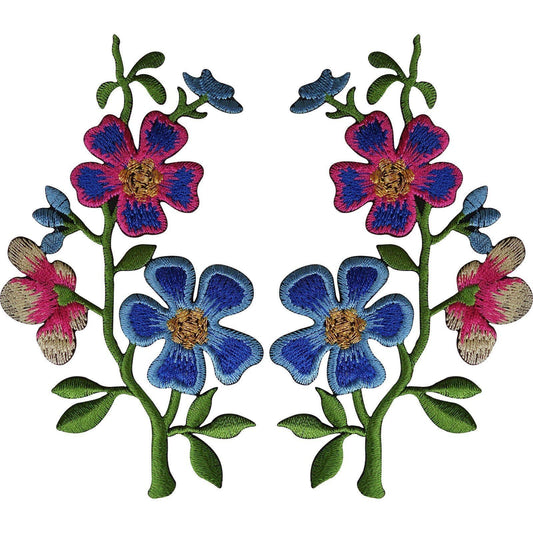 Pair of Pink Blue Flower Patches Iron On Sew On Flowers Embroidered Patch Badge