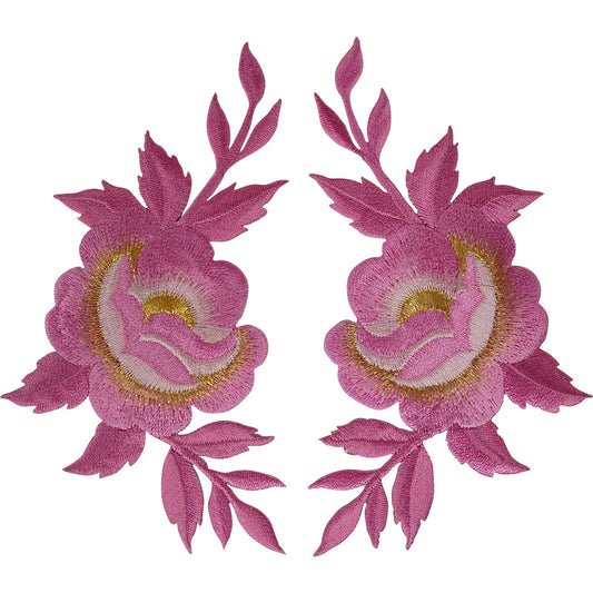 Pair of Pink Flower Patches Iron On Sew On Denim Jeans Flowers Embroidered Patch
