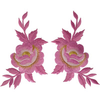 Pair of Pink Flower Patches Iron On Sew On Denim Jeans Flowers Embroidered Patch