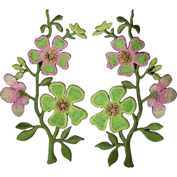 Pair of Pink Green Flower Patches Iron On Sew On Flowers Embroidered Patch Badge