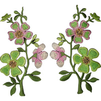 Pair of Pink Green Flower Patches Iron On Sew On Flowers Embroidered Patch Badge