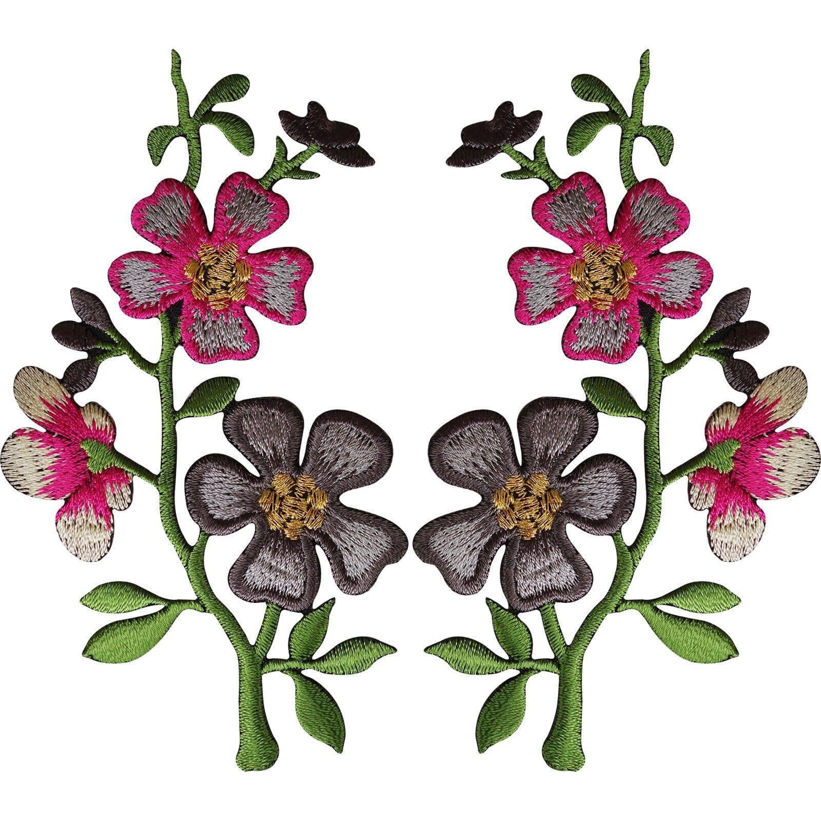 Pair of Pink Grey Flower Patches Iron On Sew On Flowers Embroidered Patch Badge